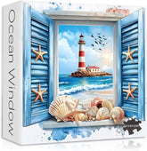 PICKFORU Beach Puzzles for Adults 1000 Pieces, 3D Window Art Lighthouse Puzzles Seashell, Unique Ocean Jigsaw Puzzles 1000 Pieces Painting, Nature Challenge for Adults