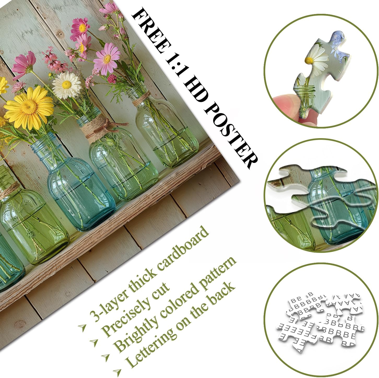 Wildflower 1000 Piece Puzzle for Adults, PICKFORU Whispering Blooms Summer Flower Garden Jigsaw Puzzle, Challenging Retro Vibrant Sunflower Vase Theme as Home Decor