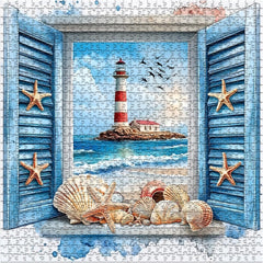 PICKFORU Beach Puzzles for Adults 1000 Pieces, 3D Window Art Lighthouse Puzzles Seashell, Unique Ocean Jigsaw Puzzles 1000 Pieces Painting, Nature Challenge for Adults