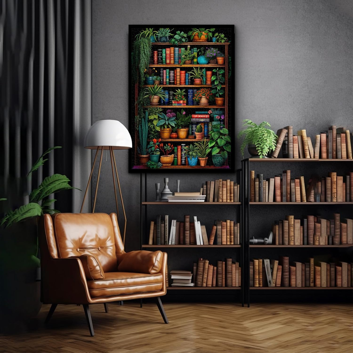 Vintage Bookshelf Puzzle for Adults 1000 Pieces, Book Houseplant Puzzle,Retro Bookshelf Botanical Puzzles Flower, Challenge Jigsaw Puzzles for Book Lover