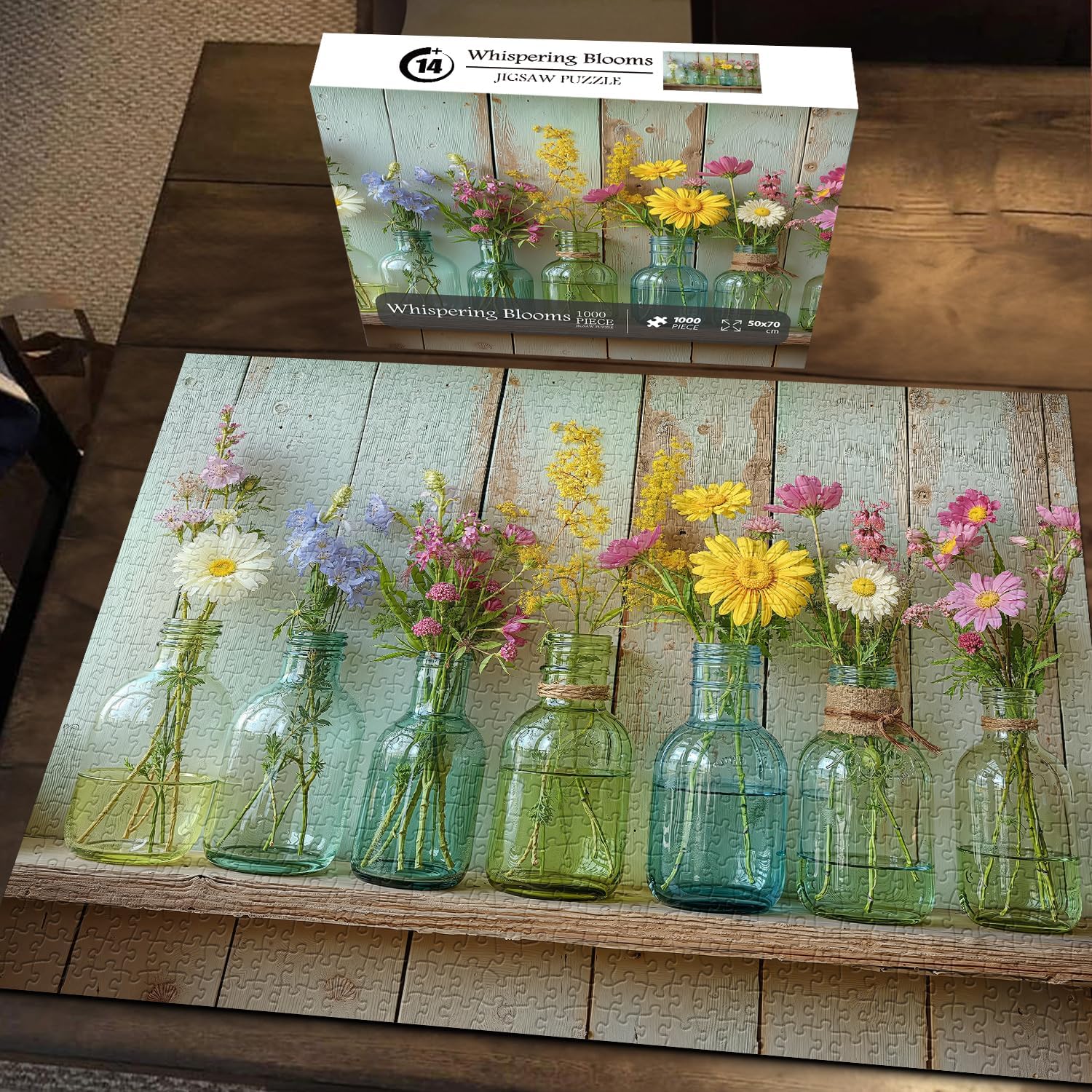 Wildflower 1000 Piece Puzzle for Adults, PICKFORU Whispering Blooms Summer Flower Garden Jigsaw Puzzle, Challenging Retro Vibrant Sunflower Vase Theme as Home Decor