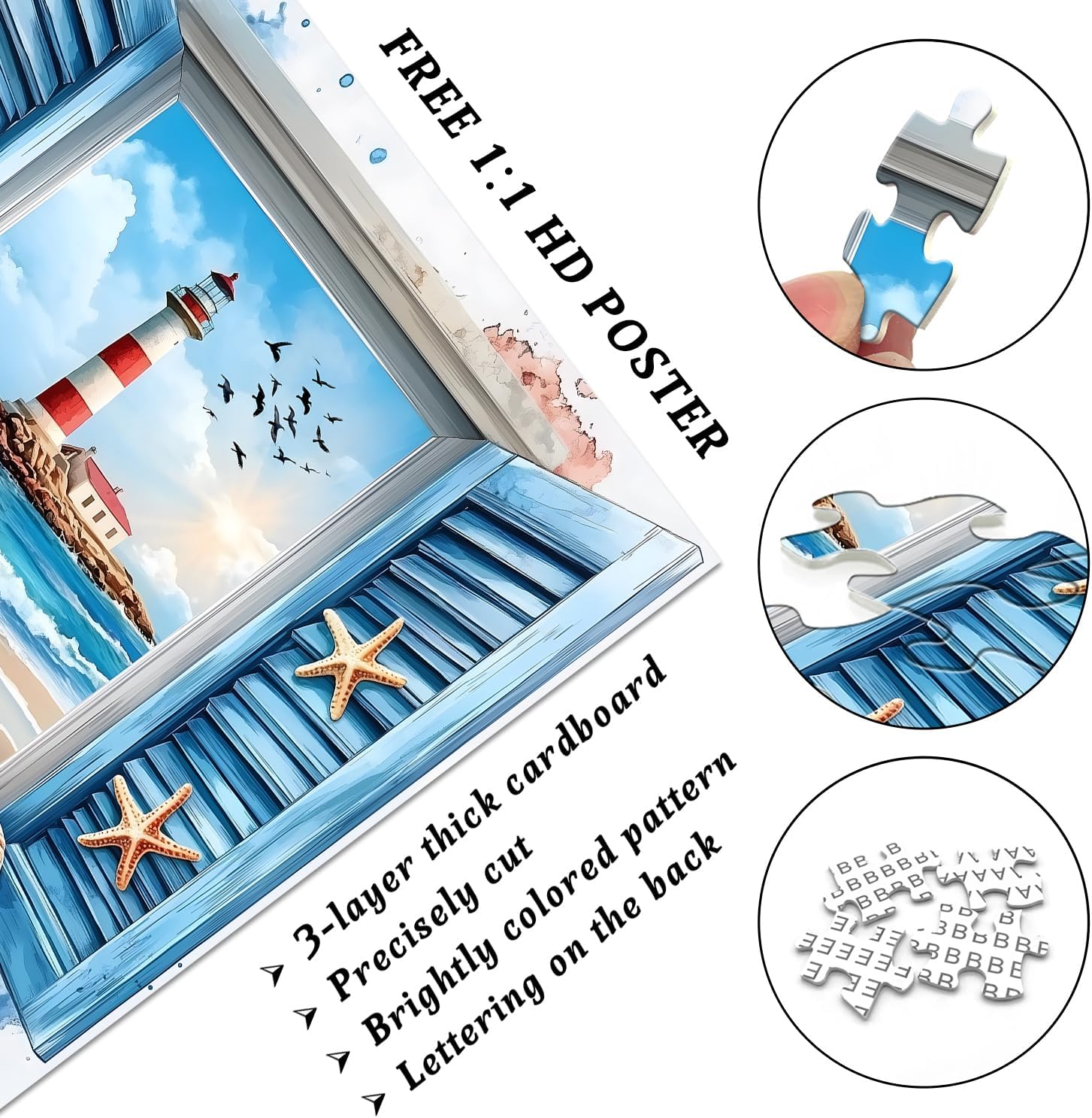 PICKFORU Beach Puzzles for Adults 1000 Pieces, 3D Window Art Lighthouse Puzzles Seashell, Unique Ocean Jigsaw Puzzles 1000 Pieces Painting, Nature Challenge for Adults