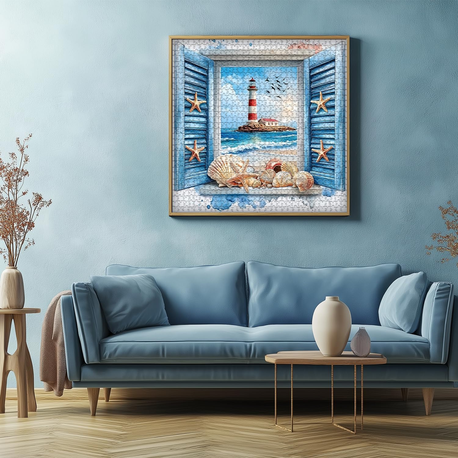 PICKFORU Beach Puzzles for Adults 1000 Pieces, 3D Window Art Lighthouse Puzzles Seashell, Unique Ocean Jigsaw Puzzles 1000 Pieces Painting, Nature Challenge for Adults