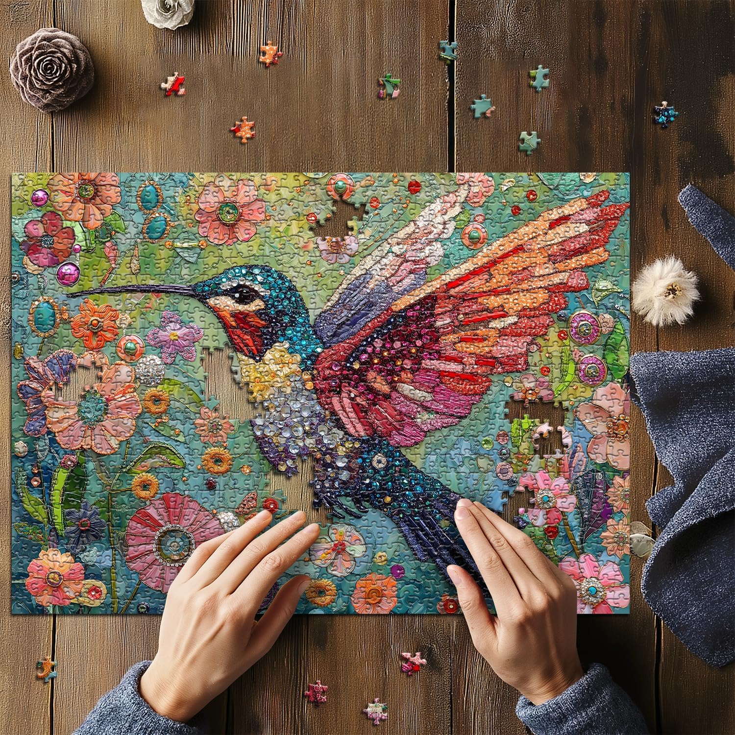 Hummingbird Puzzles for Adults 1000 Pieces, Nature Birds Flower Jewel Art Puzzle, Difficult Crystal Diamond Beautiful Garden Animals Jigsaw Puzzles, Colorful Floral Hard Challenging Puzzles for Adults