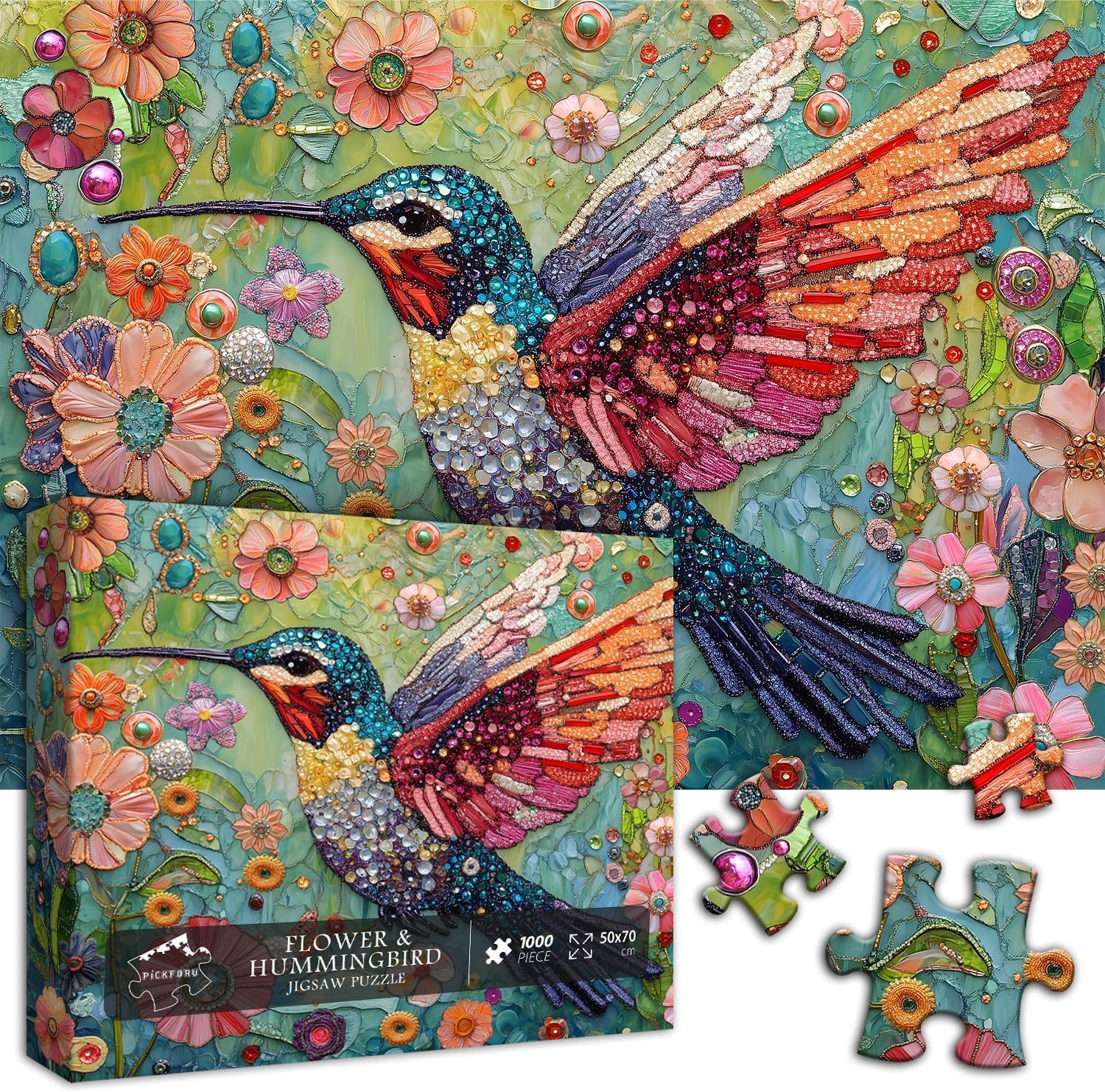 Hummingbird Puzzles for Adults 1000 Pieces, Nature Birds Flower Jewel Art Puzzle, Difficult Crystal Diamond Beautiful Garden Animals Jigsaw Puzzles, Colorful Floral Hard Challenging Puzzles for Adults